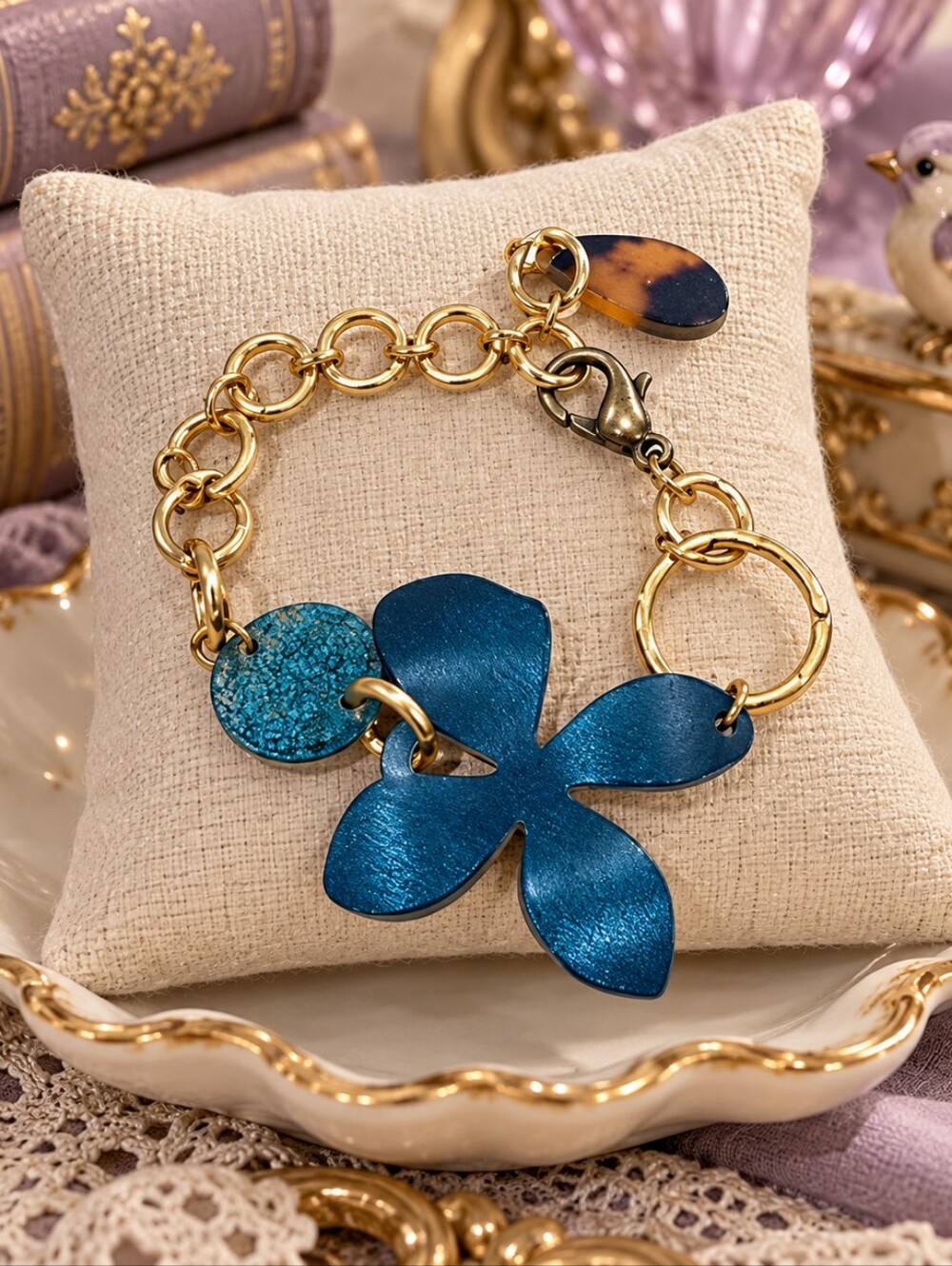 Blue and Gold Flower Charm Bracelet